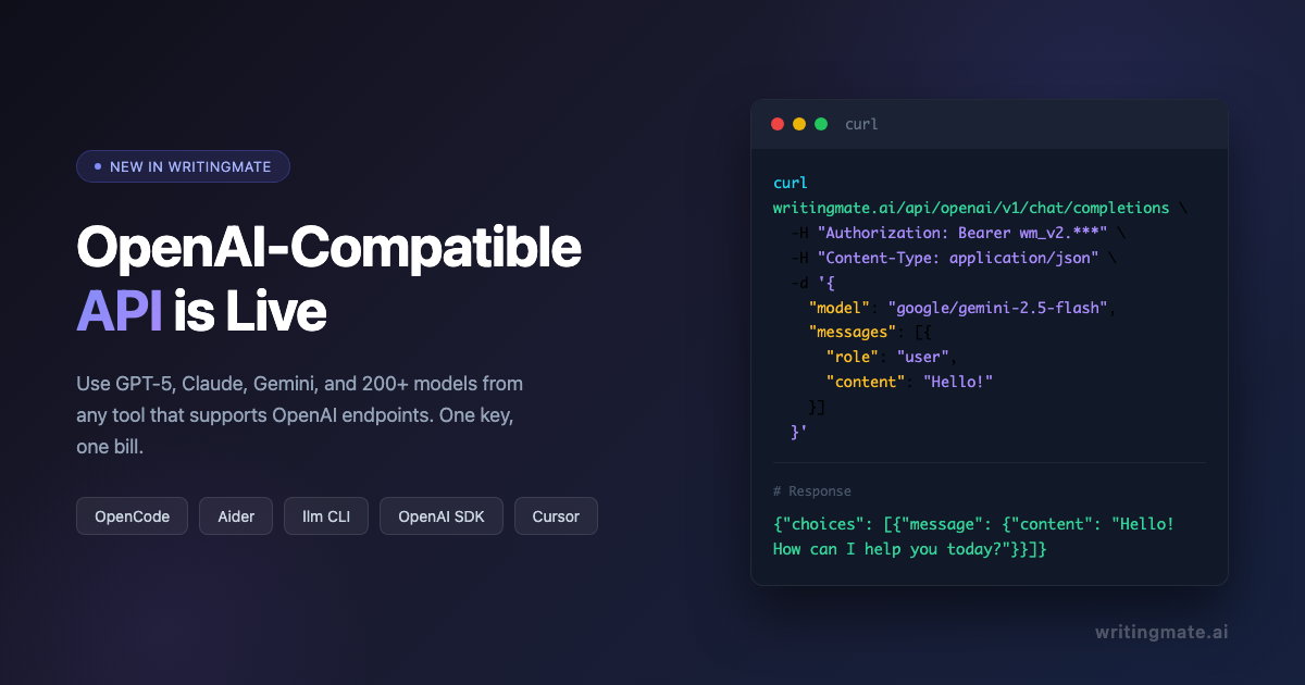 Writingmate OpenAI-compatible API: use GPT-5, Claude, Gemini and 200+ models from any coding tool